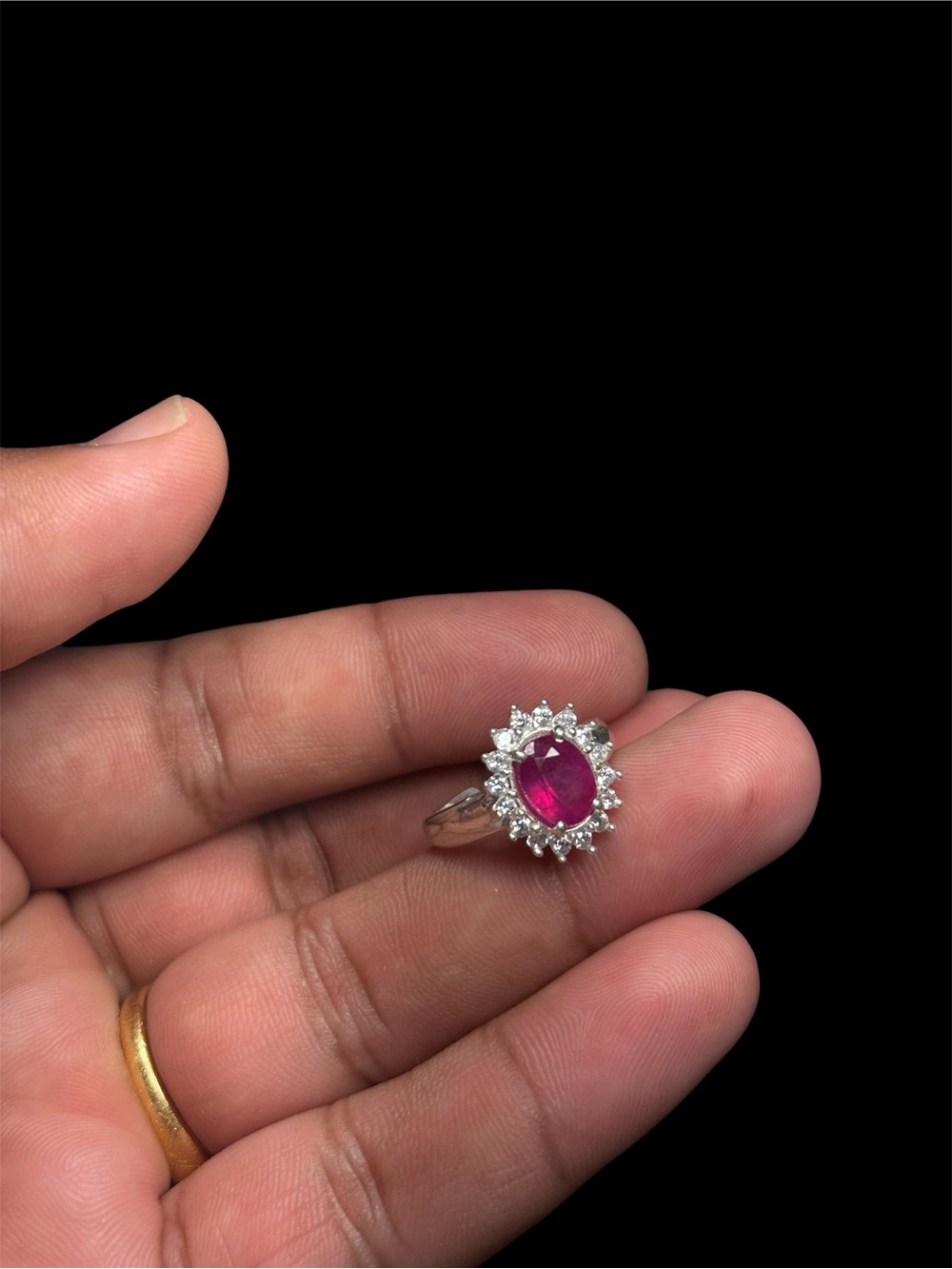 Natural 2 Ct Ruby & White Zircon Halo Ring 925 Sterling Silver Adjustable